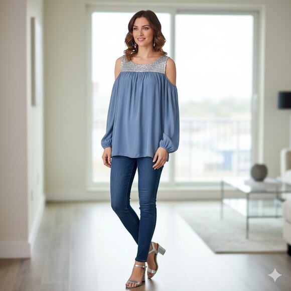 Y2K Almatrichi Blue Cold Shoulder Blouse Sequin Neckline Women’s Size S - Picture 1 of 13